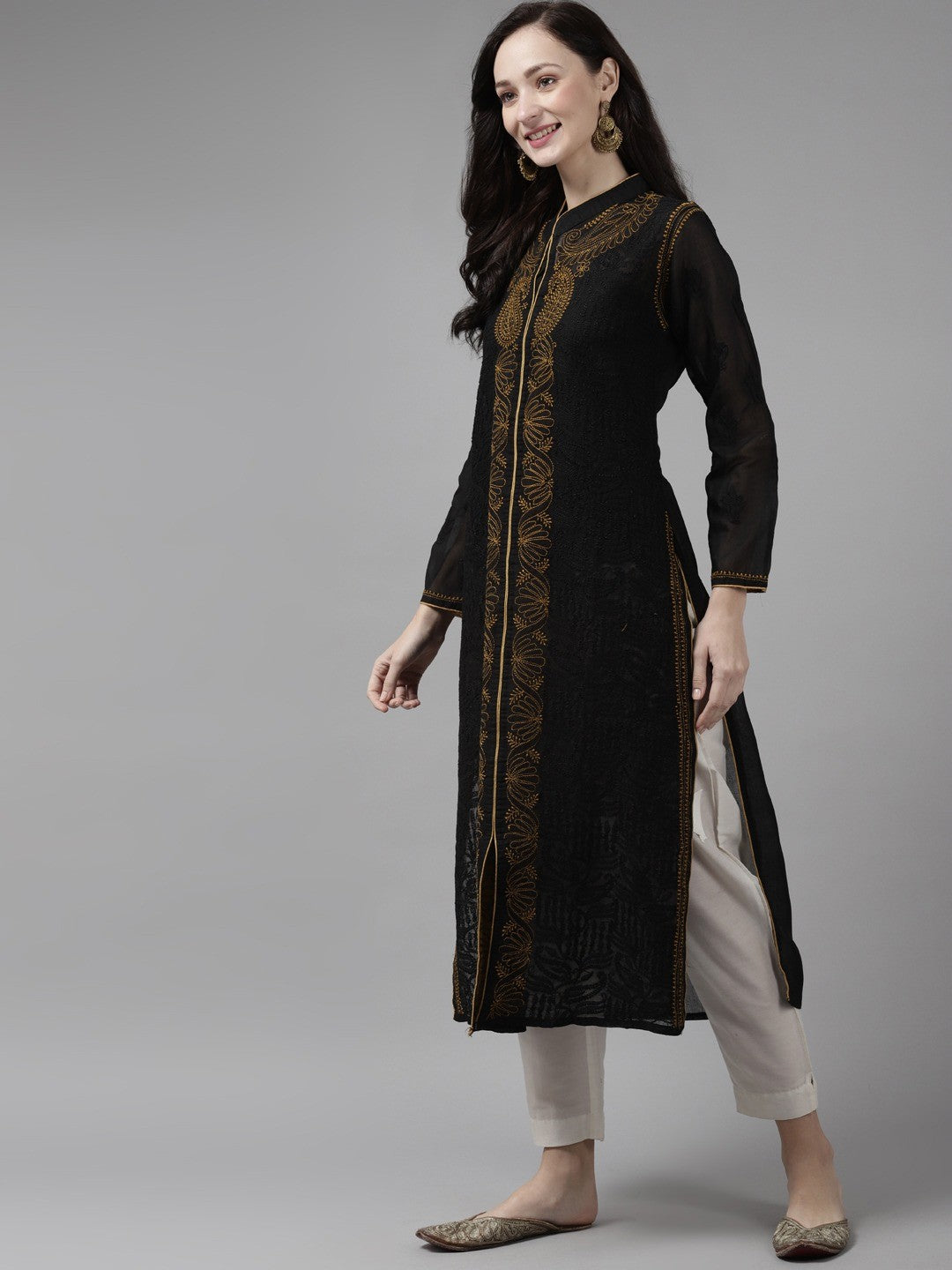 Ada Hand Embroidered Black Cotton Lucknow Chikan Kurta A230739