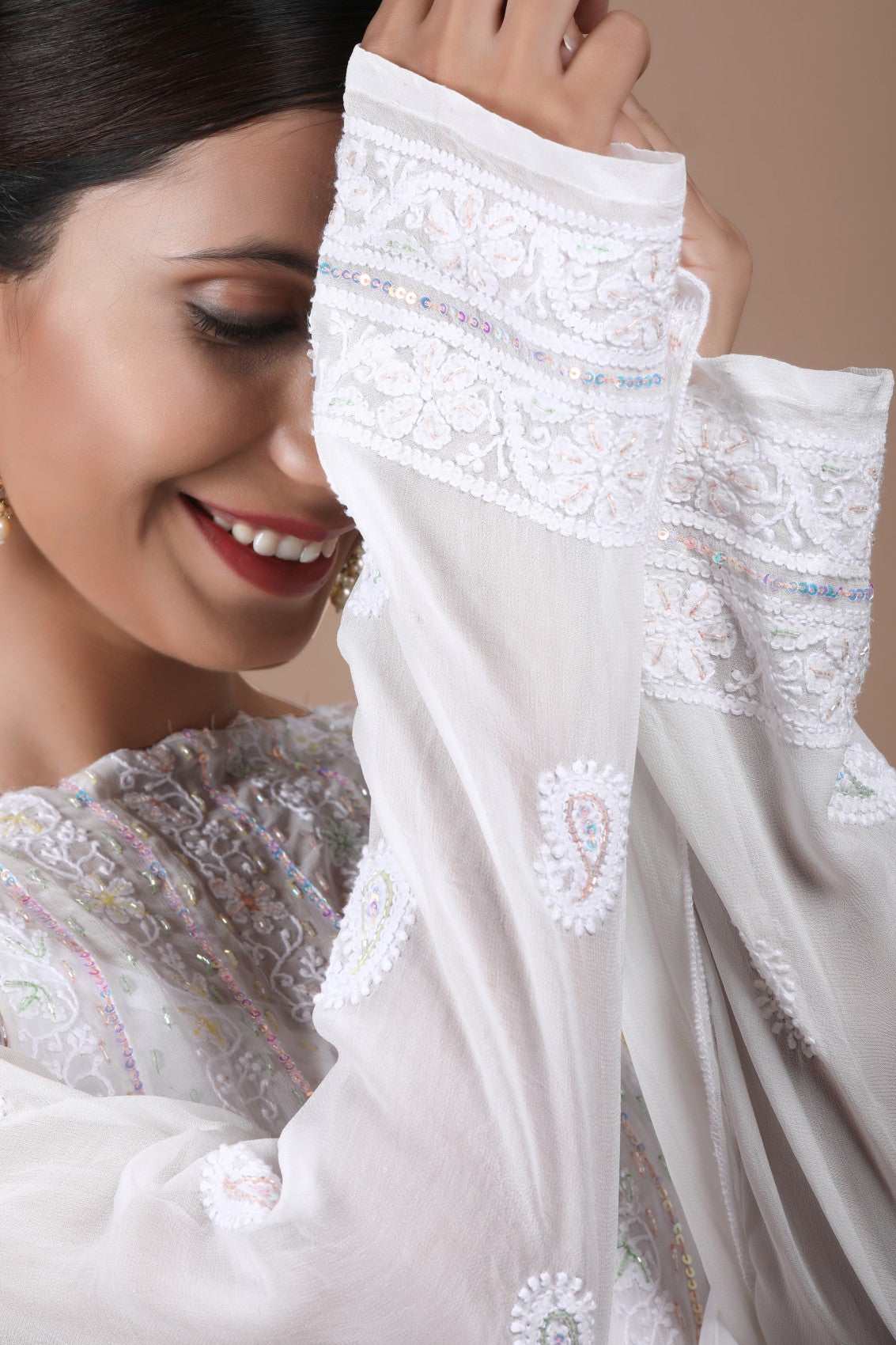 Ada Hand Embroidered White Georgette Lucknowi Chikankari Semi-Stitched Anarkali Kurta Dupatta Set With Sequinned Work 01A260997