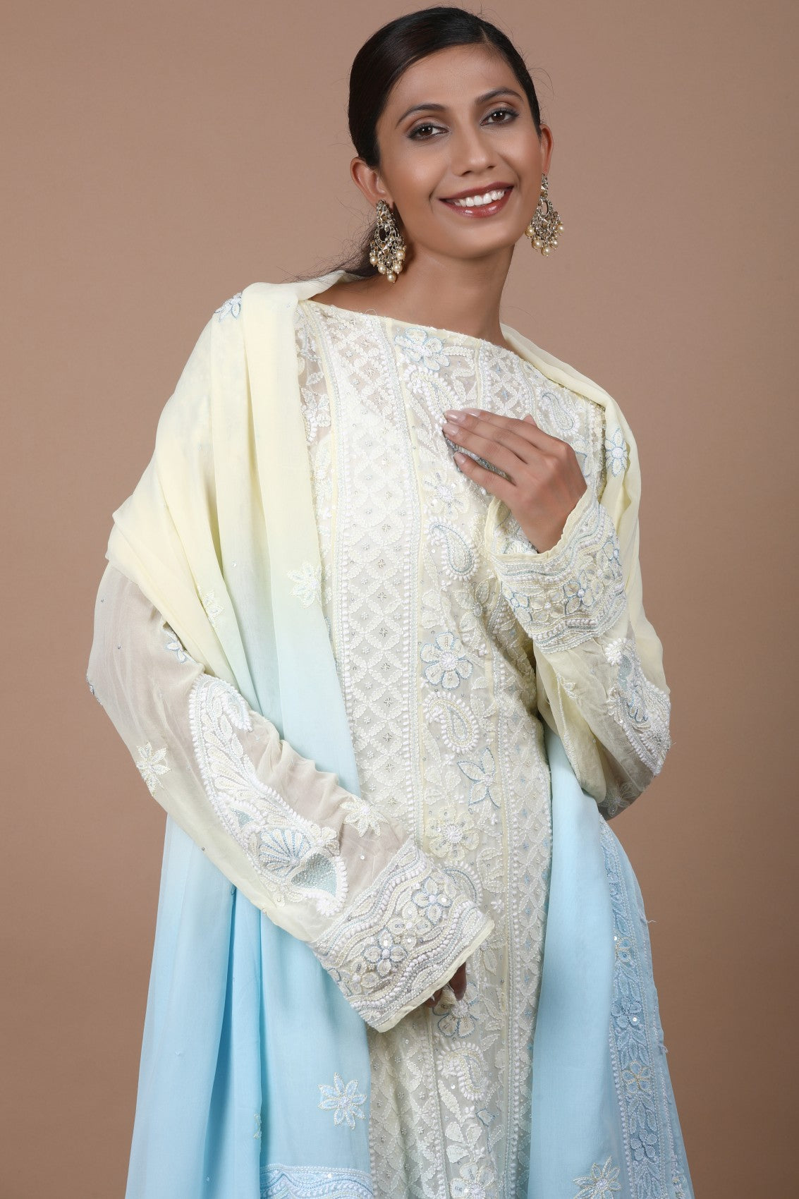 Ada Hand Embroidered Dual Shade Lemon And Blue Pure Georgette Lucknowi Chikankari Semi-Stitched Anarkali Kurta Dupatta Set With Cutdana Work 01A255942