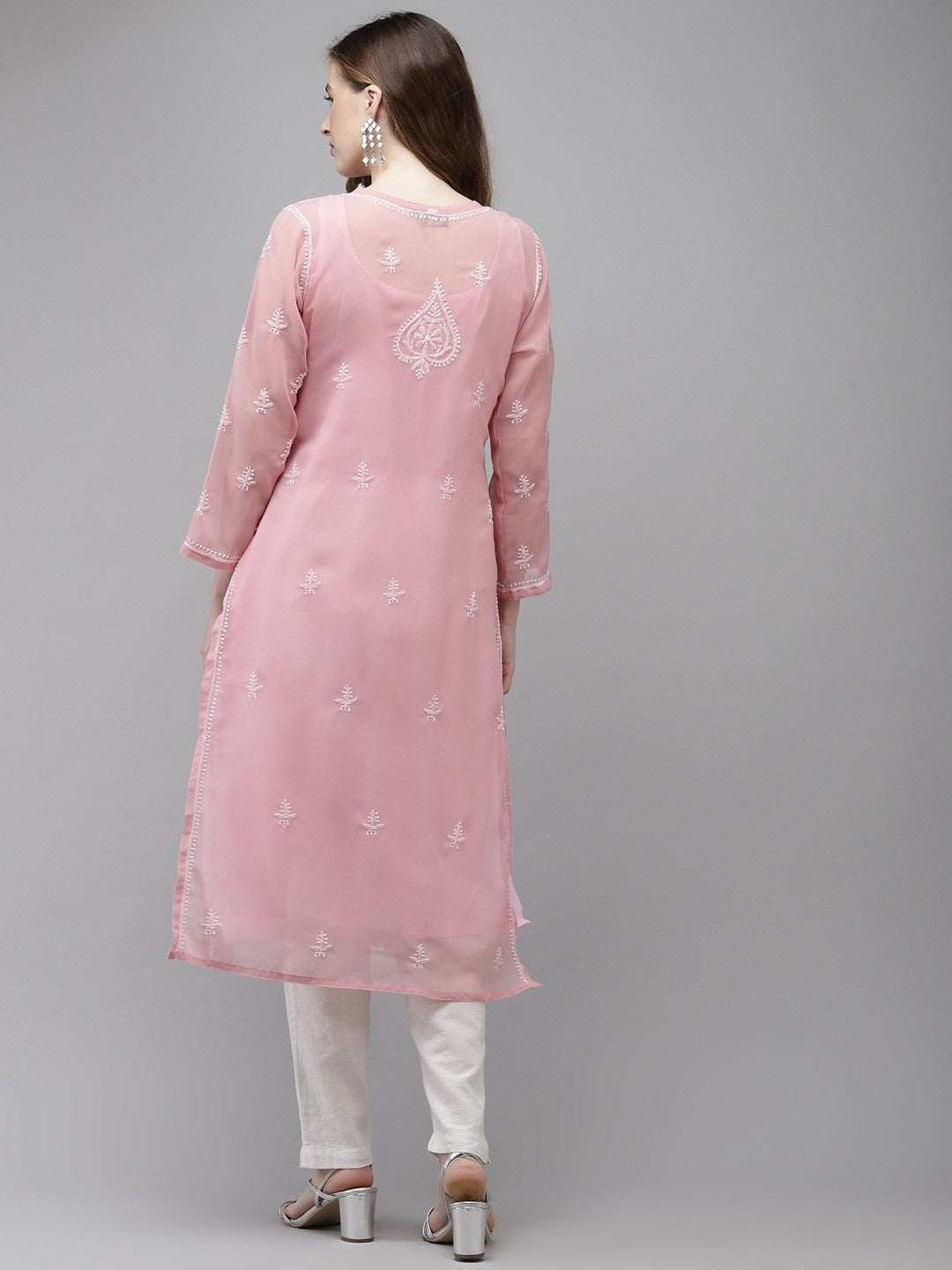 Ada Hand Embroidered Dusty Pink Georgette Lucknow Chikan Kurta with Slip A411347