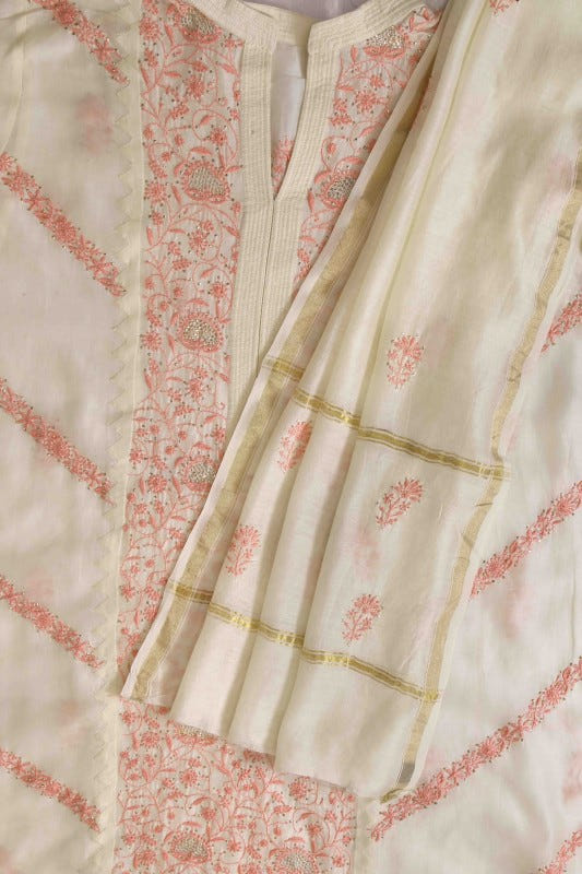 Ada Hand Embroidered Cream White Chanderi Lucknowi Chikan Unstitched Kurta Dupatta Set-A385896