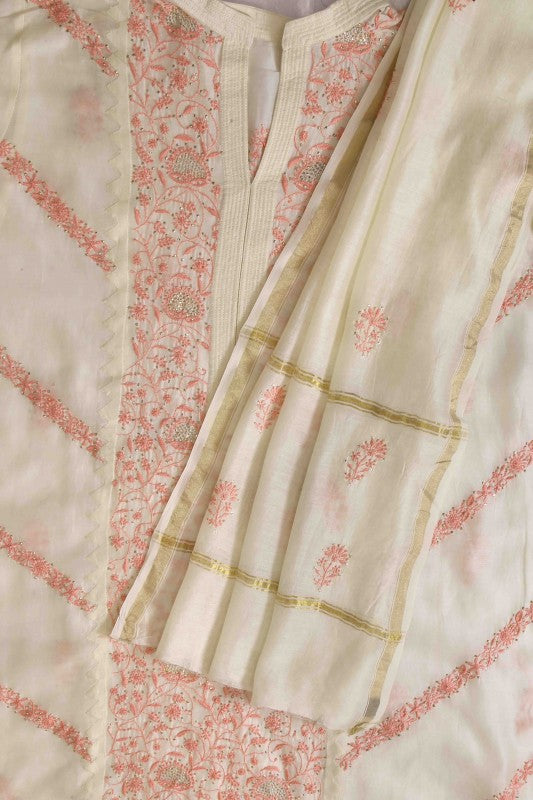 Ada Hand Embroidered Cream White Chanderi Lucknowi Chikan Unstitched Kurta Dupatta Set-A385896