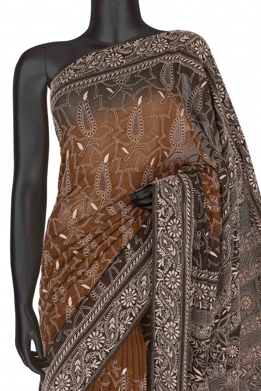 Ada Hand Embroidered Rust/Dark Olive Green Pure Georgette Lucknow Chikan Saree With Blouse-A290028