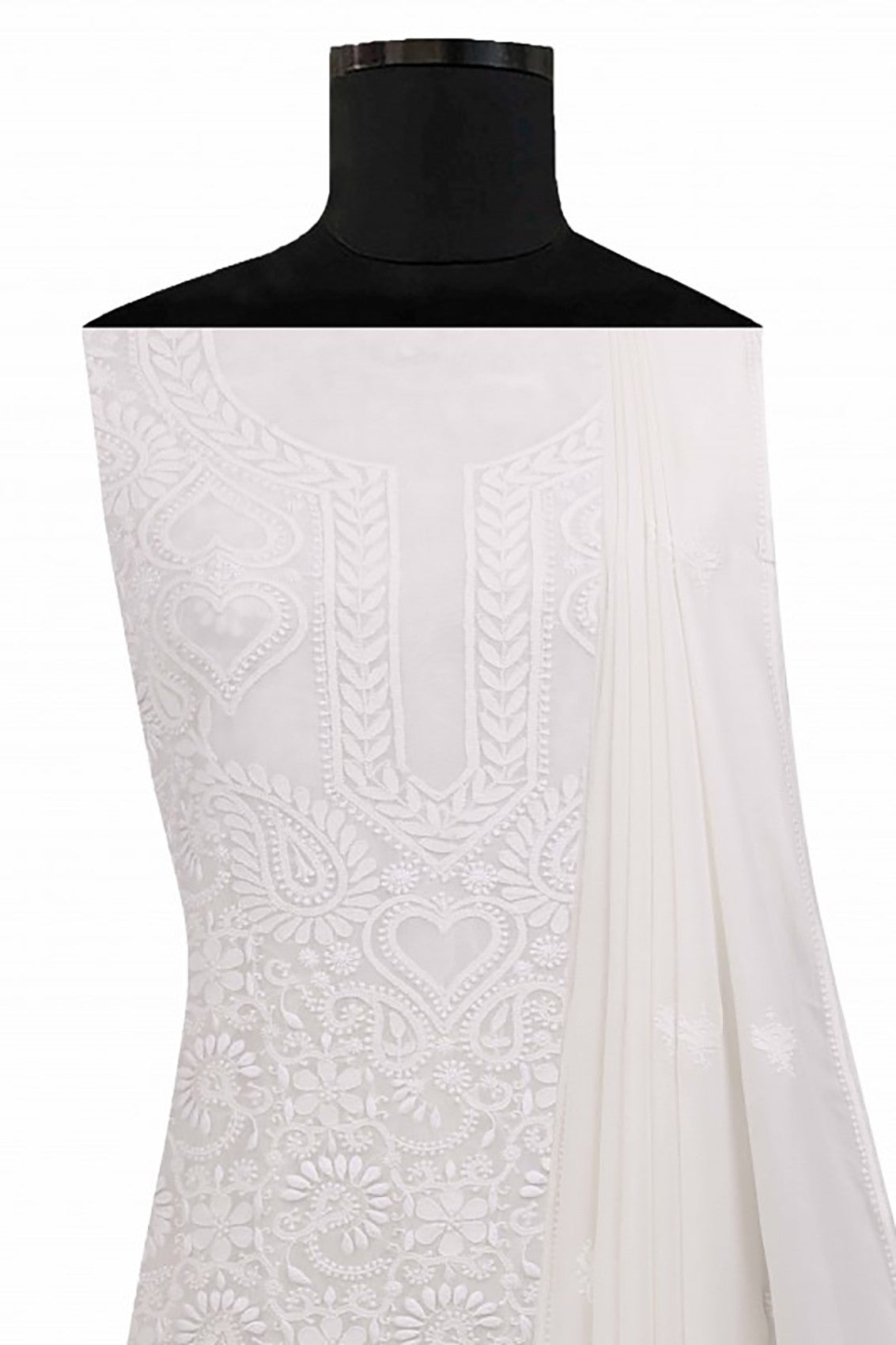 Ada Hand Embroidered White Pure Georgette Lucknowi Chikankari Unstitched Kurta Dupatta Set A593629