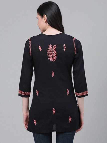 Ada Hand Embroidered Black Cotton Lucknowi Chikankari Straight Kurti A911112