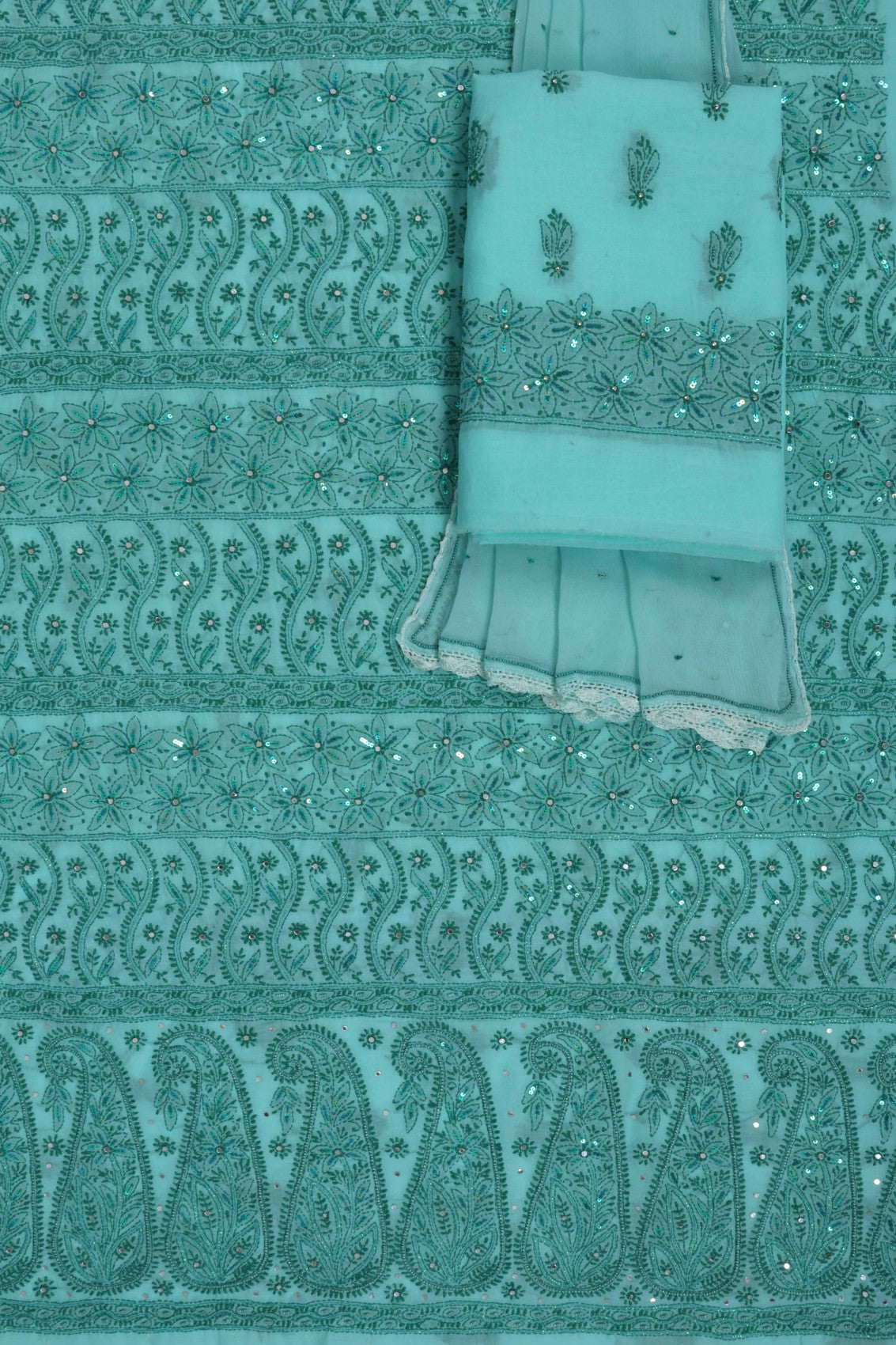 Ada Hand Embroidered Sea Green Cotton Lucknowi Chikan Unstitched Suit Piece With Pearl Work A51520