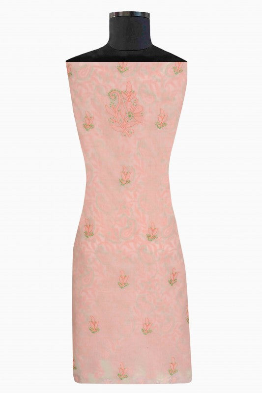 Ada Hand Embroidered Peach Cotton Lucknowi Chikan Unstitched Suit Piece-A100162