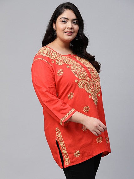 Ada Hand Embroidered Carrot Pink Cotton Lucknowi Chikankari Straight Kurti A250586