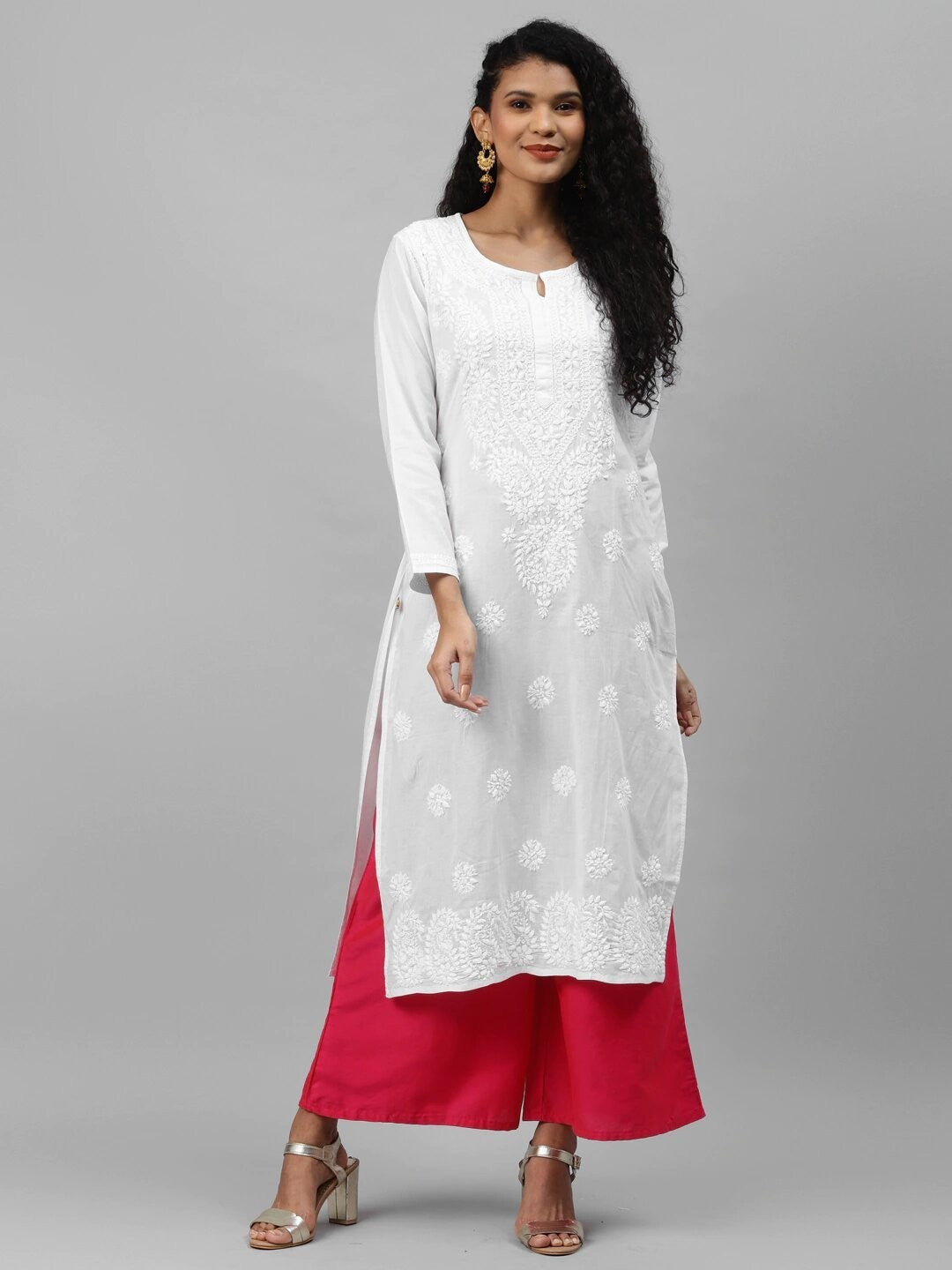 Ada Hand Embroidered White Cotton Lucknowi Chikankari Straight Kurta A213461