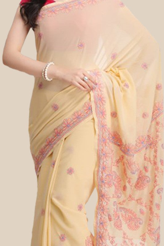 Ada Hand Embroidered Fawn Georgette Lucknowi Chikankari Saree With Blouse A159296