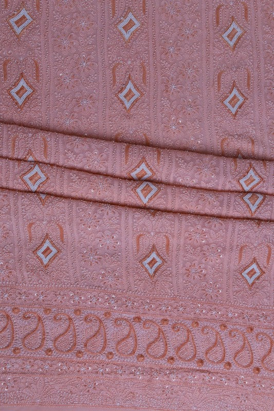 Ada Hand Embroidered Peach Georgette Lucknowi Chikankari Unstitched Kurta Dupatta Set With Pearl Work A586225