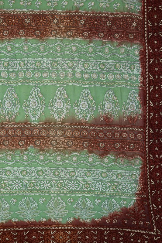 Ada Hand Embroidered Green Dual Shade Pure Georgette Lucknow Chikan Saree/Blouse with Gota Patti Work A50140