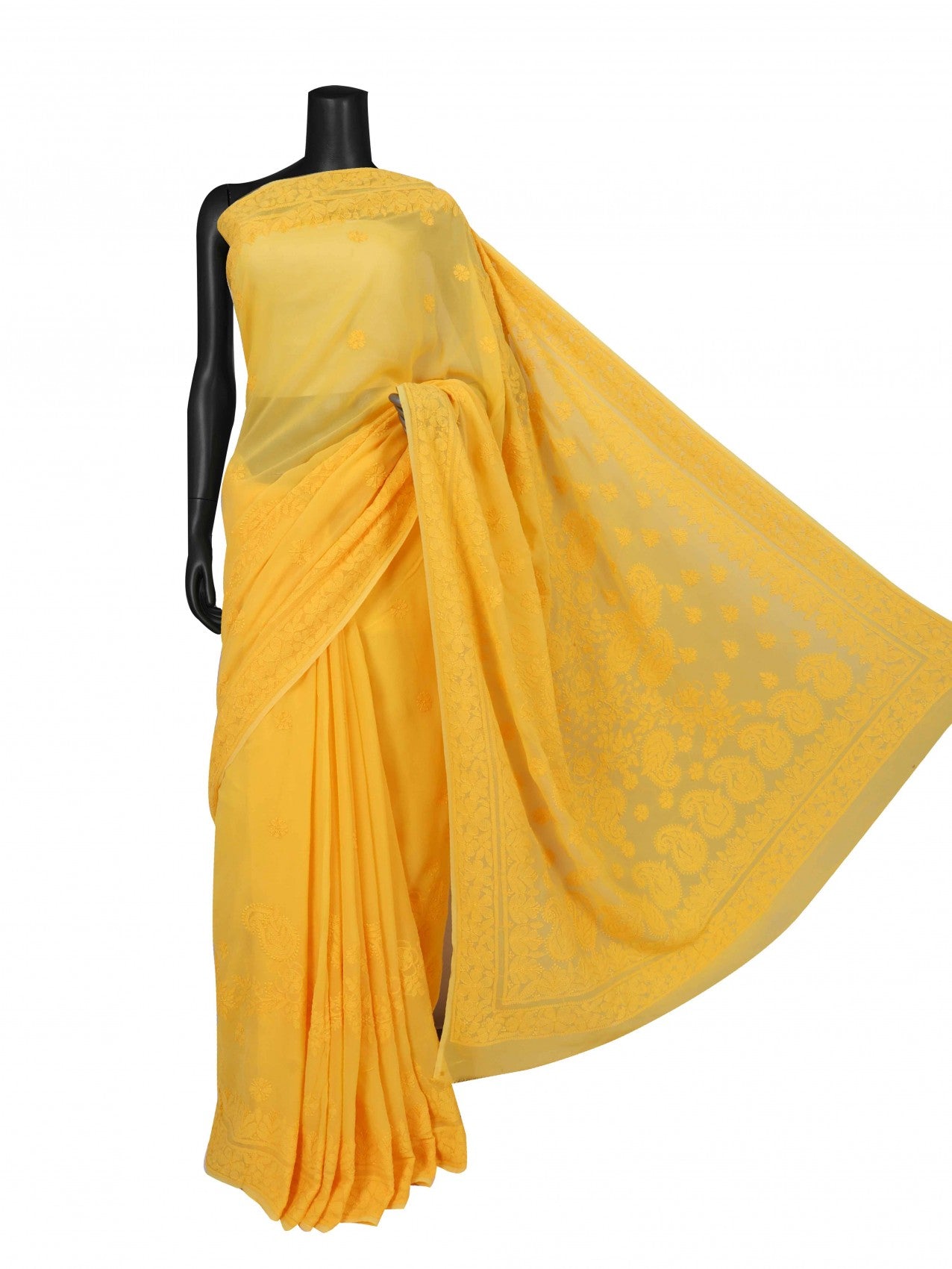 Ada Hand Embroidered Yellow Georgette Lucknowi Chikankari Saree With Blouse 01A131010