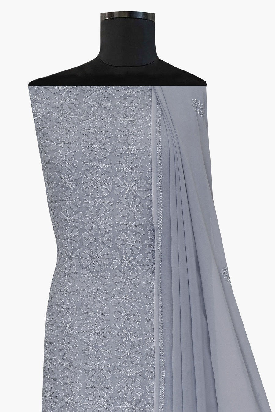 Ada Hand Embroidered Grey Georgette Lucknowi Chikan Unstitched Kurta Dupatta Set - A609336