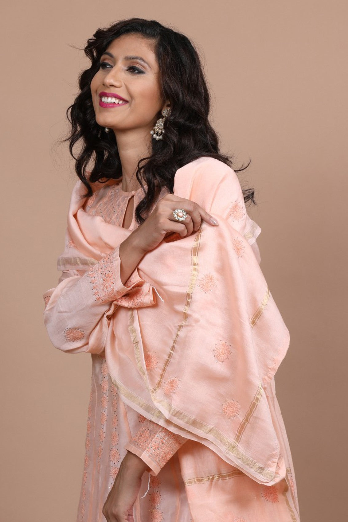 Ada Hand Embroidered Salmon Peach Chanderi Lucknowi Chikankari Semi-Stitched Anarkali Kurta Dupatta Set With Muqaish Work A588008