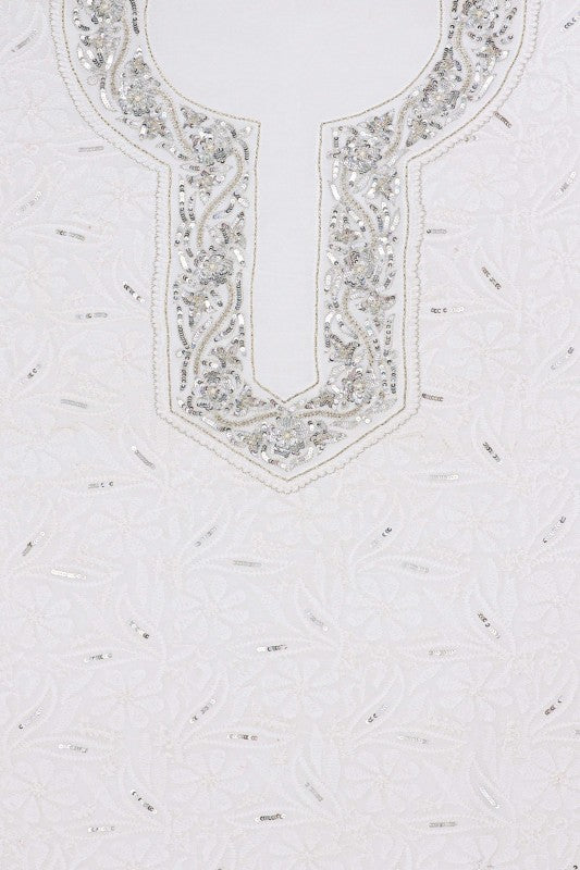 Ada Hand Embroidered White Georgette Chikan Unstitched Kurta Piece with Sequinned Work A536673