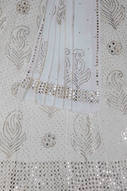 Ada Hand Embroidered White Pure Georgette Semi-Stitched Anarkali Kurta Dupatta Set With Muqaish Work A604494