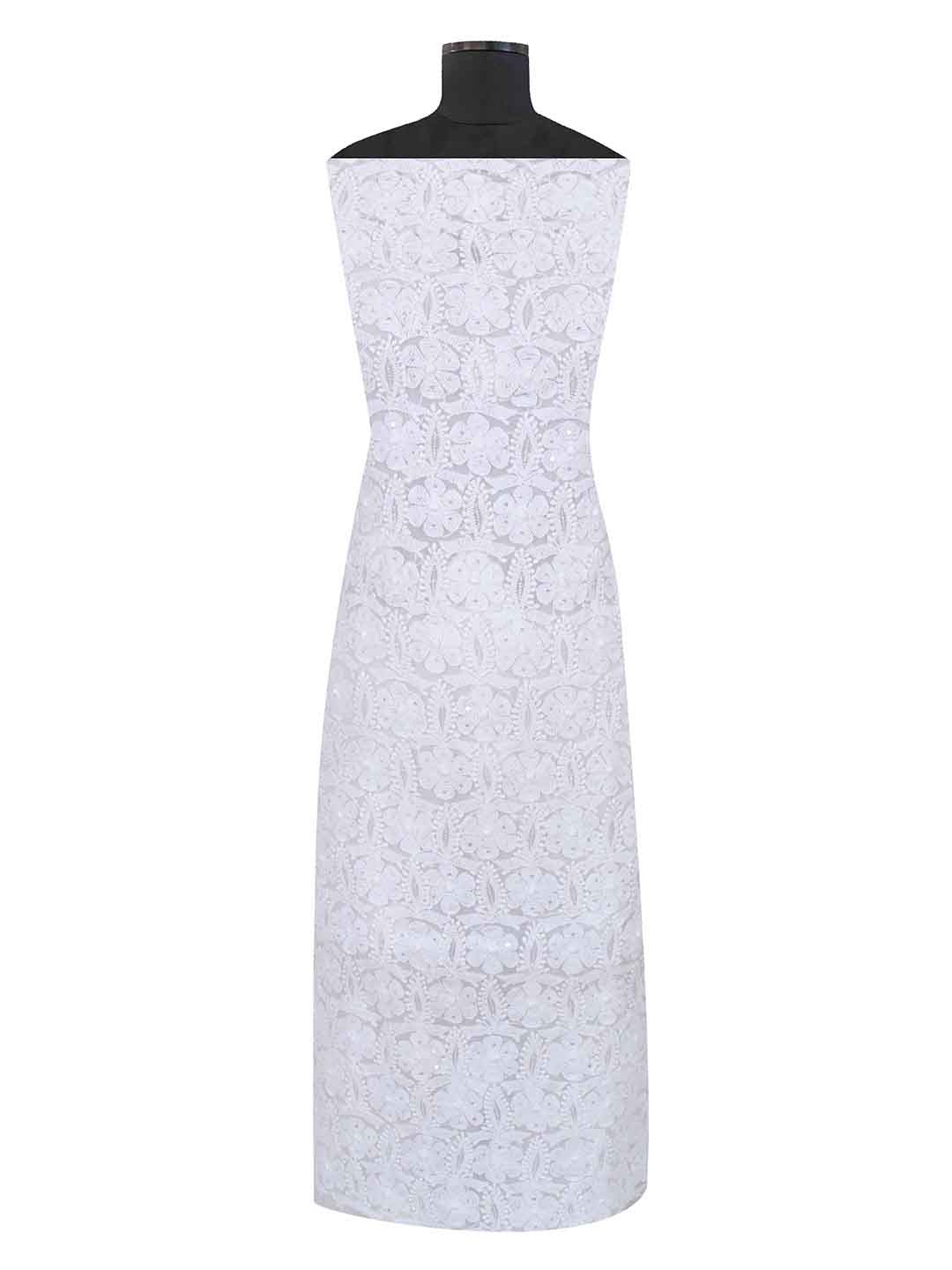 Ada Hand Embroidered White Georgette Lucknowi Chikan Unstitched Kurta Piece With Cutdana Work A611852