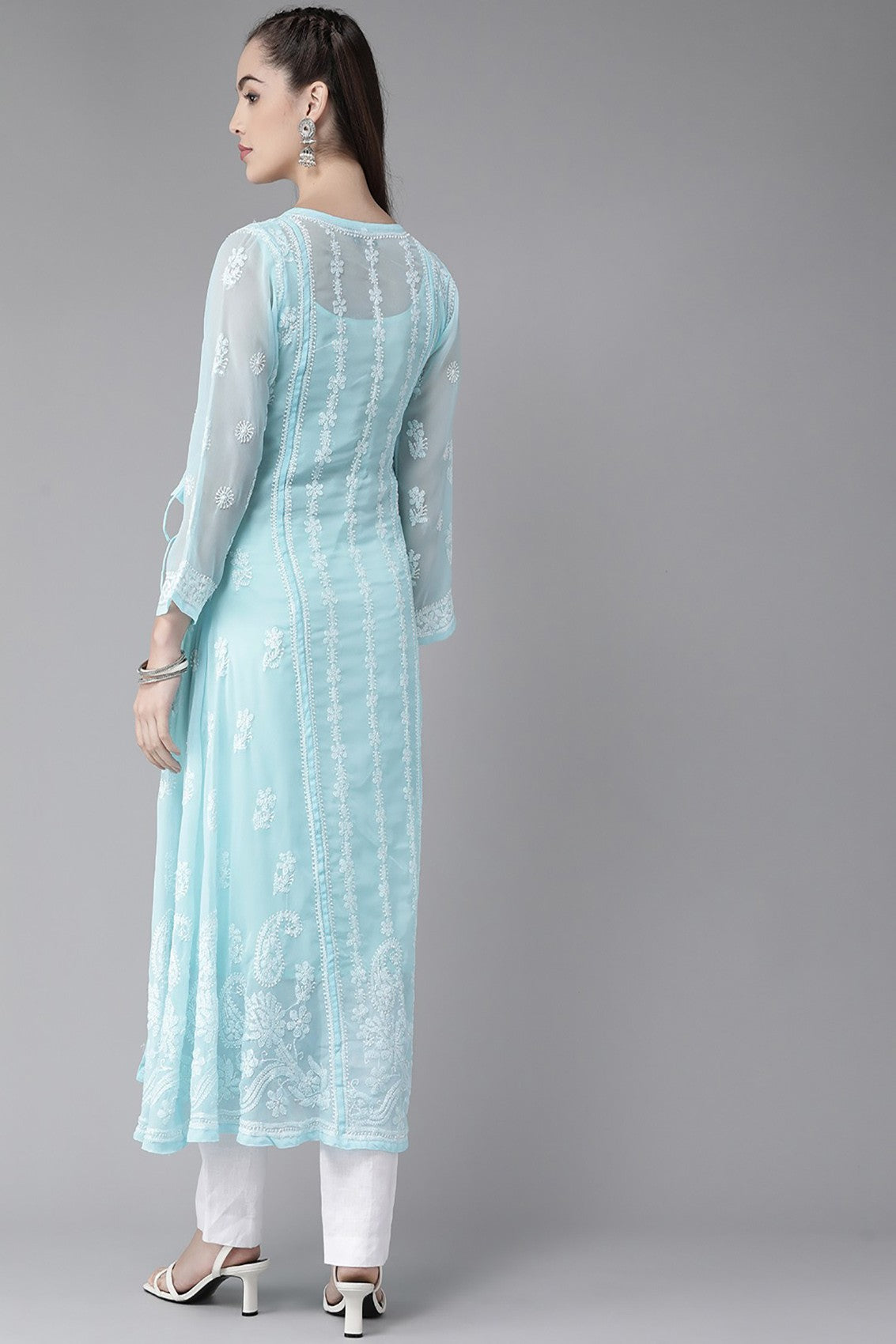 Ada Hand Embroidered Blue Georgette Lucknowi Chikankari Angarkha Kurta with Slip A411263