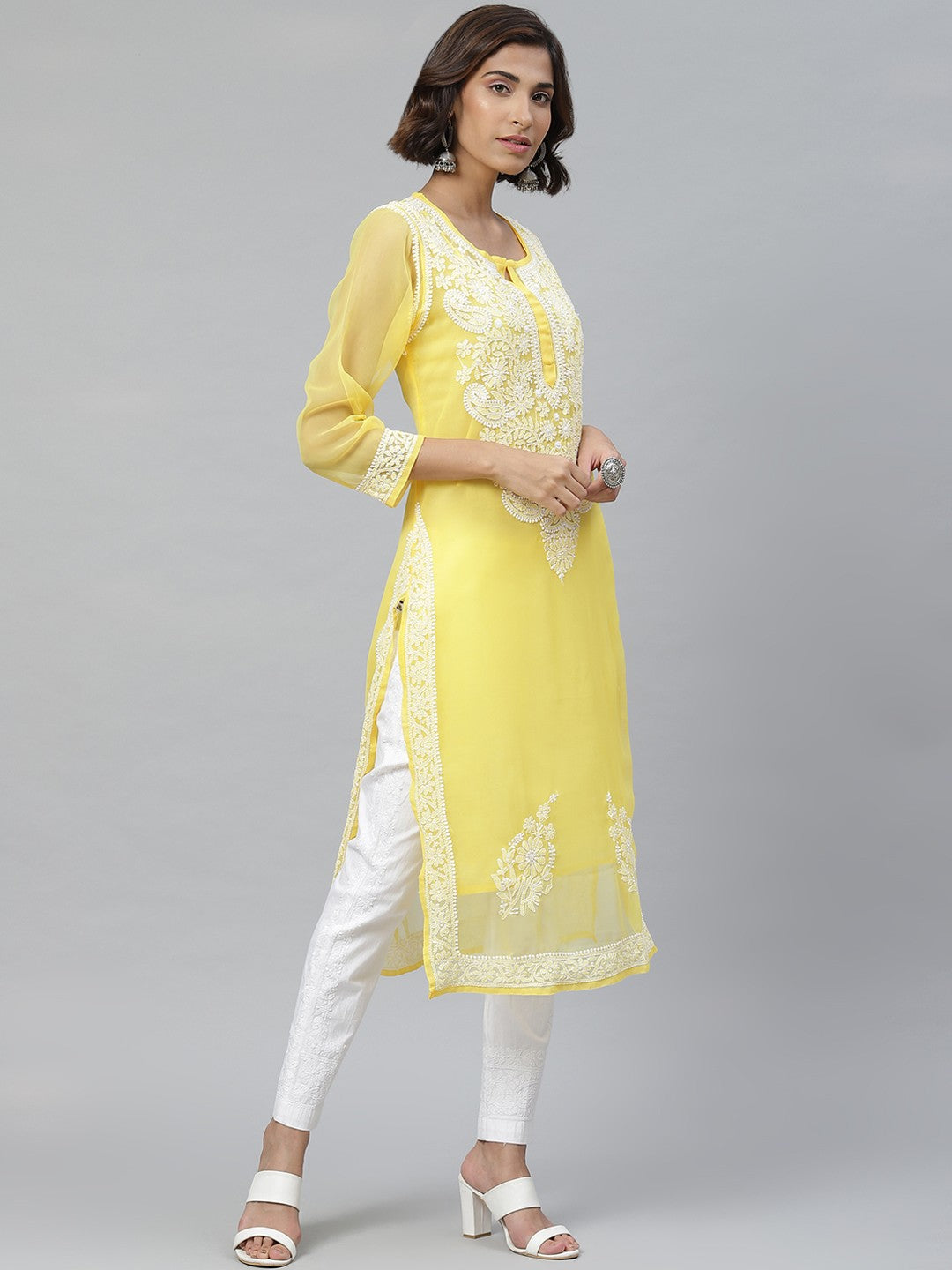 Ada Hand Embroidered Yellow And White Georgette Lucknowi Chikankari Kurta Set With Slip-A100545