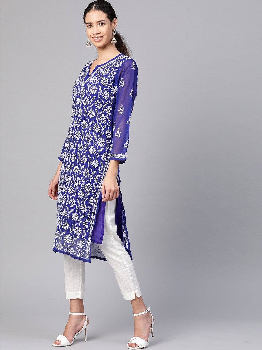 Ada Hand Embroidered Royal Blue Georgette Lucknowi Chikankari Straight Kurta with Slip A100347
