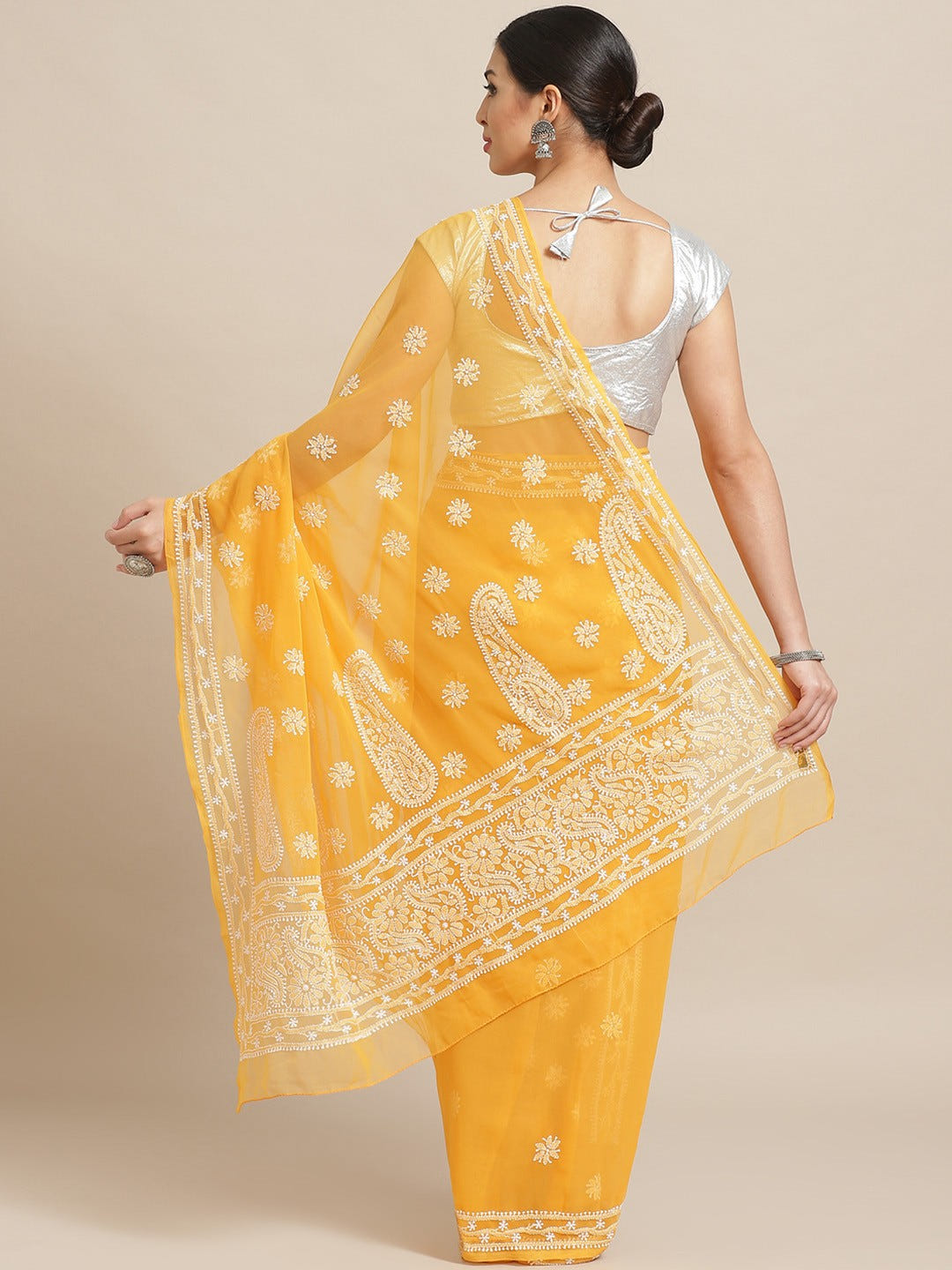 Ada Hand Embroidered Mustard Georgette Lucknow Chikan Saree With Blouse A100571