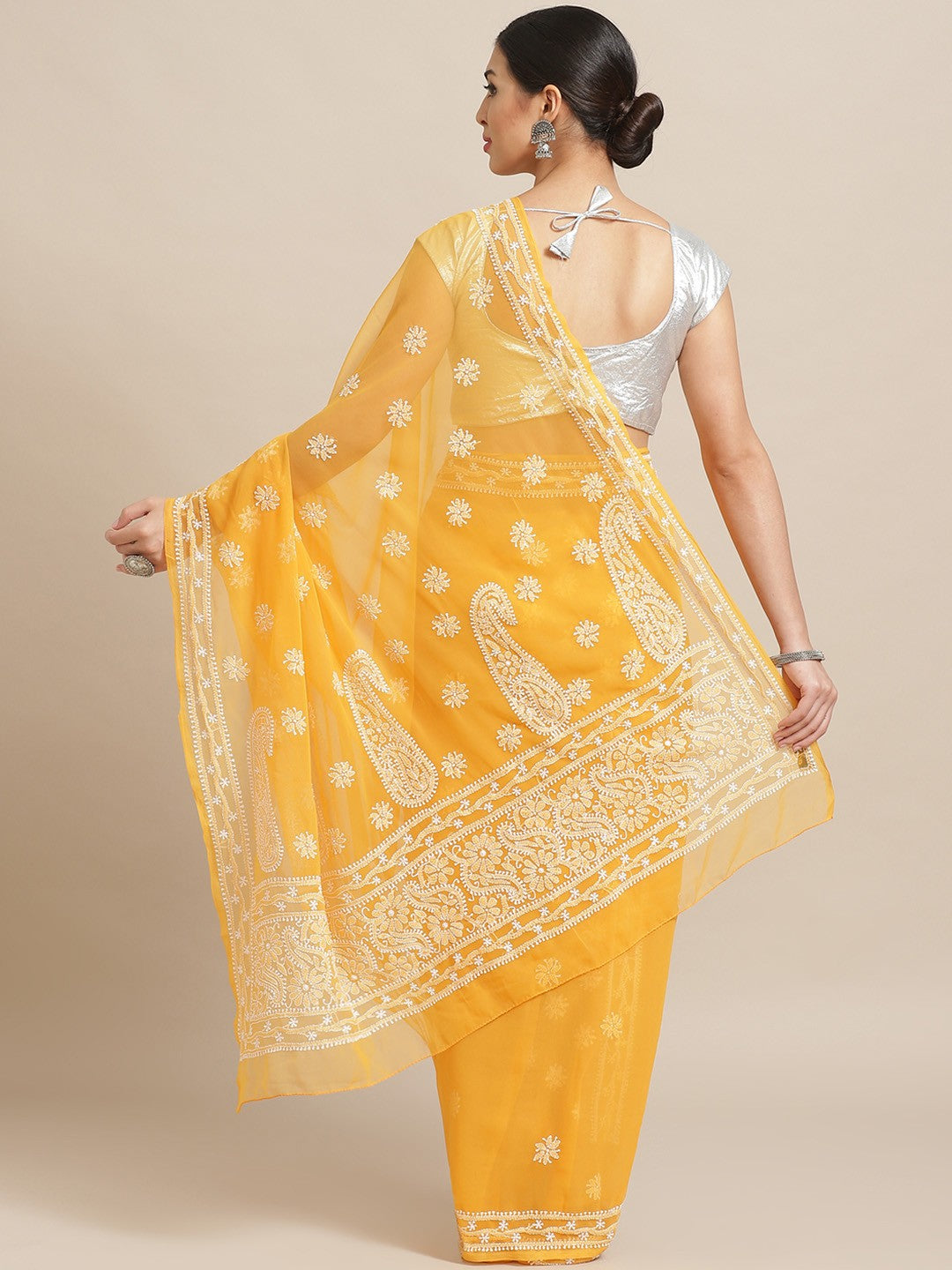 Ada Hand Embroidered Mustard Georgette Lucknow Chikan Saree With Blouse A100571