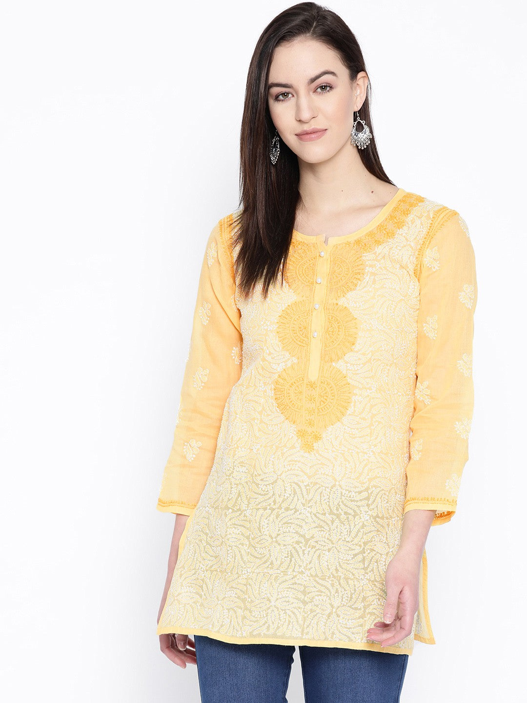 Ada Hand Embroidered Yellow Cotton Lucknow Chikan Top A100231