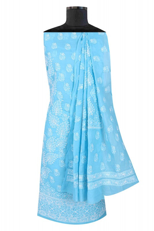 Ada Hand Embroidered Sky Blue Cotton Lucknowi Chikankari Unstitched Suit Piece A607743