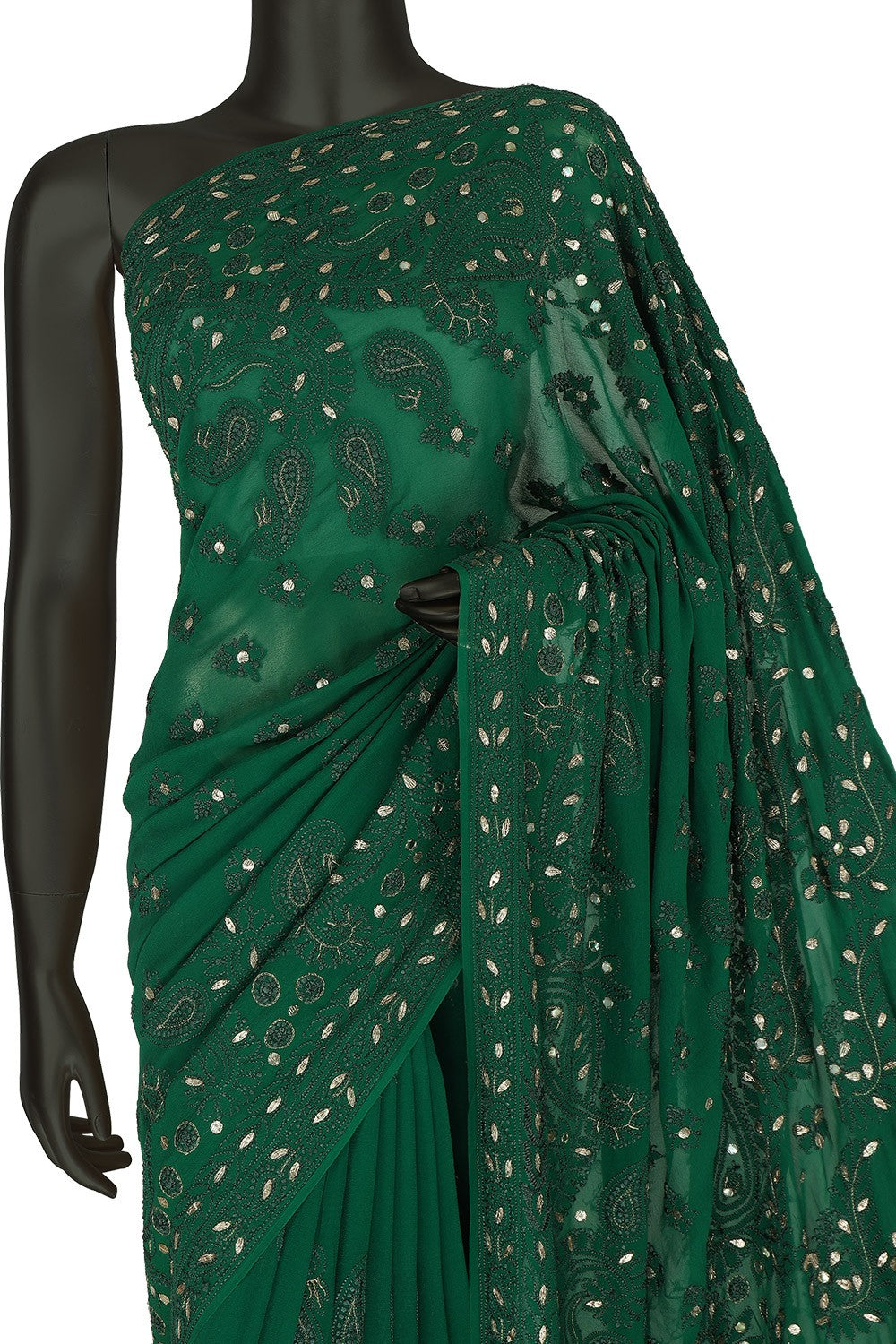 Ada Hand Embroidered Bottle Green Pure Georgette Lucknowi Chikankari Saree With Blouse with Gota Patti Work A619745