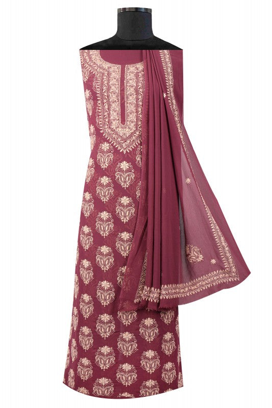 Ada Hand Embroidered Wine Pure Georgette Lucknowi Chikan Unstitched Suit Piece A59261