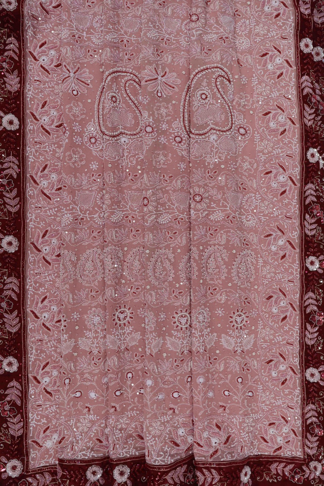 Ada Hand Embroidered Onion Pink Pure Georgette Lucknowi Chikankari Saree/Blouse With Cutdana Work 01A114645
