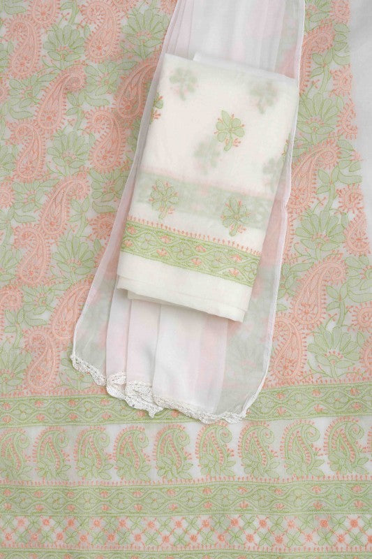 Ada Hand Embroidered Cream Cotton Lucknowi Chikan Unstitched Suit Piece-A100304