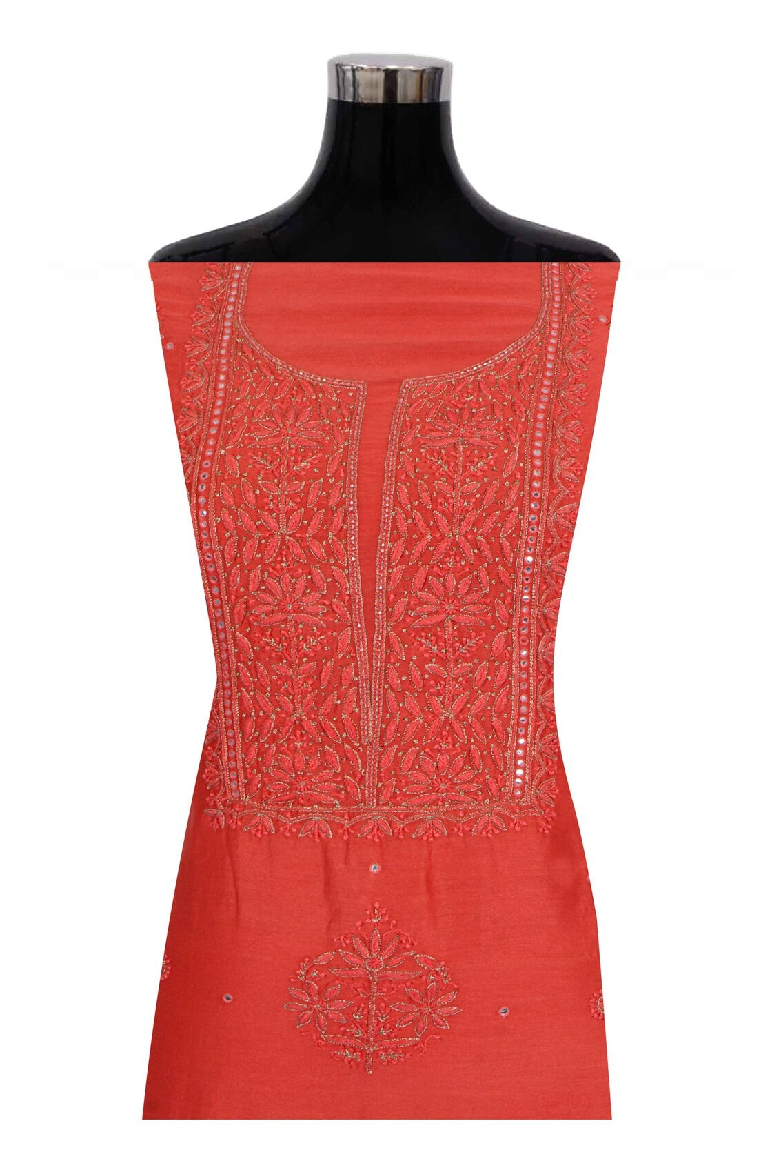 Ada Hand Embroidered Dark Peach Chanderi Lucknowi Chikankari Unstitched Kurta Dupatta Set With Zari Work 01A133827