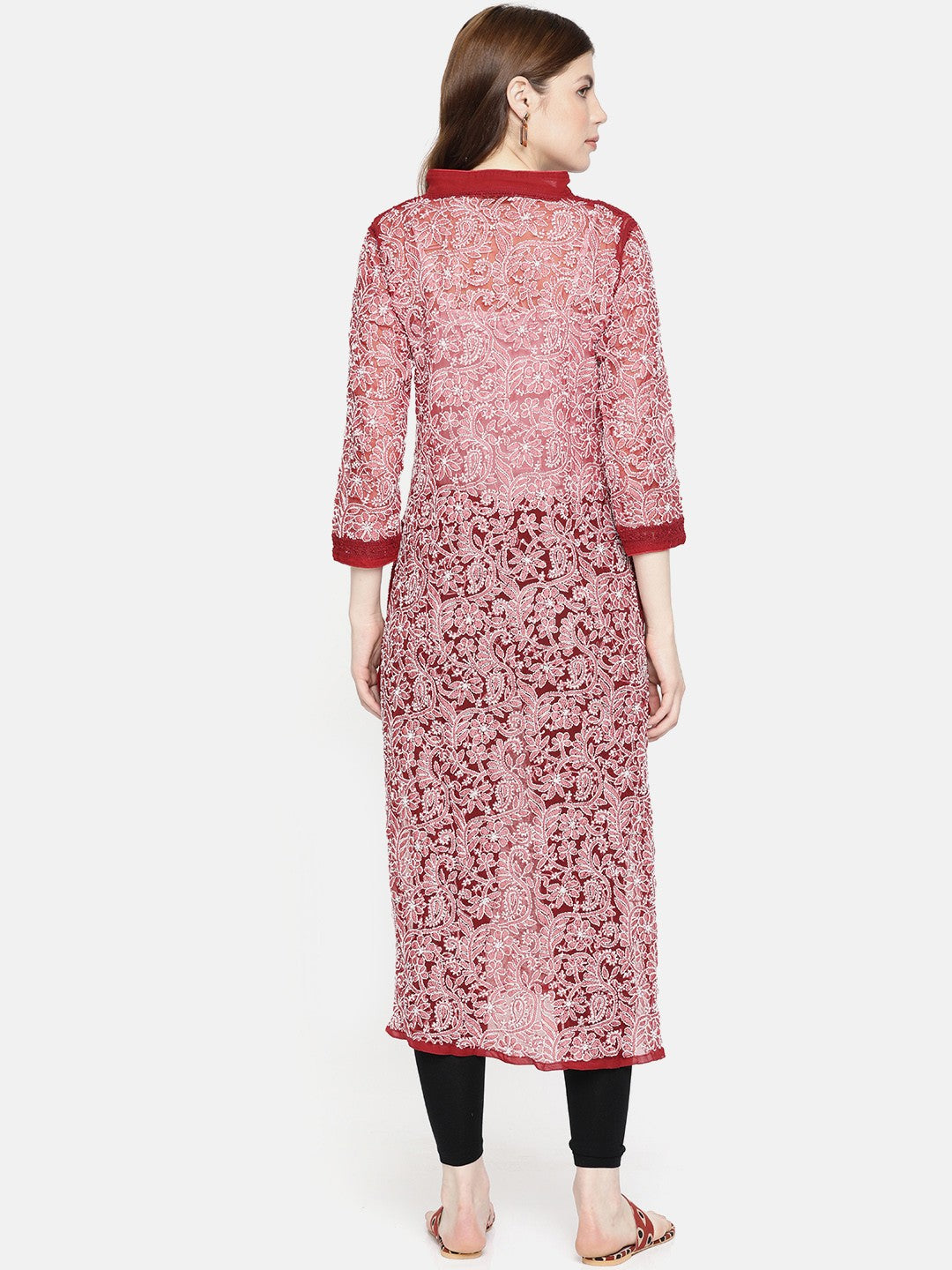 Ada Hand Embroidered Red Georgette Lucknowi Chikankari Straight Kurta A237437