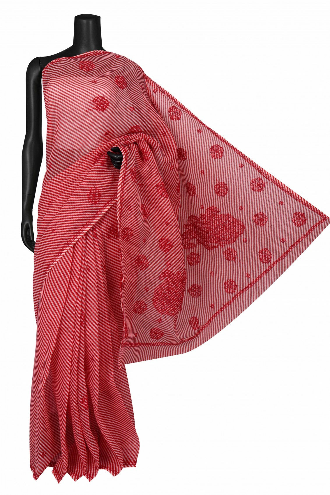 Ada Hand Embroidered Red Kota Lucknow Chikan Saree With Blouse A311352