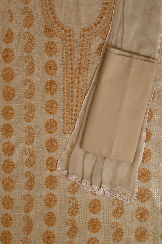 Ada Hand Embroidered Fawn Khadi Lucknowi Chikan Unstitched Suit Piece With Muqaish Work–A609251