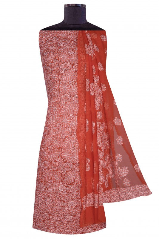 Ada Hand Embroidered Coral Red Georgette Lucknowi Chikankari Unstitched Suit Piece A612725