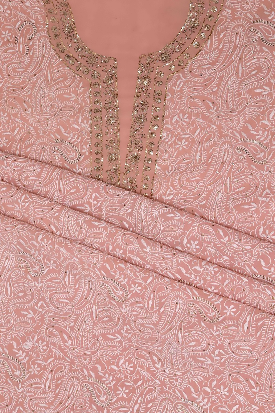 Ada Hand Embroidered Powder Pink Pure Georgette Lucknowi Chikankari Unstitched Kurta Dupatta Set With Muqaish Work A91779