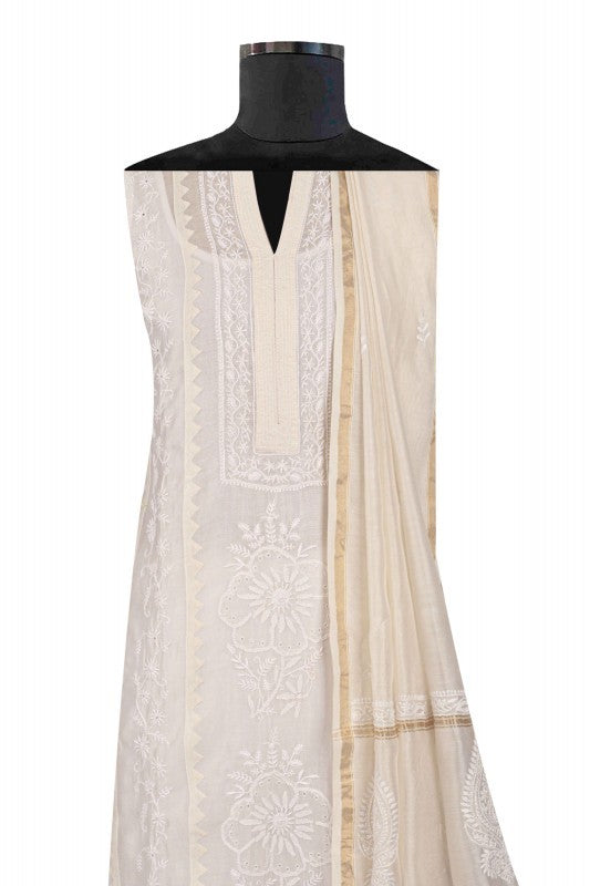 Ada Hand Embroidered Off White Chanderi Lucknowi Chikankari Semi-stitched Kurta Dupatta Set A615490