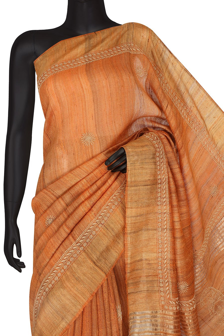 Ada Hand Embroidered Rust Chanderi Lucknowi Chikankari Saree With Blouse A581559
