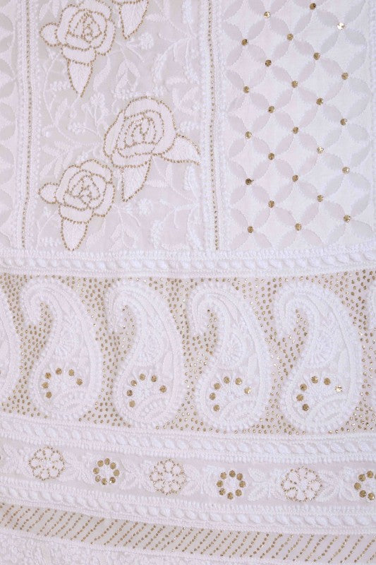 Ada Hand Embroidered White Pure Georgette Lucknowi Chikankari Unstitched Kurta Dupatta Set With Muqaish Work 01A124386