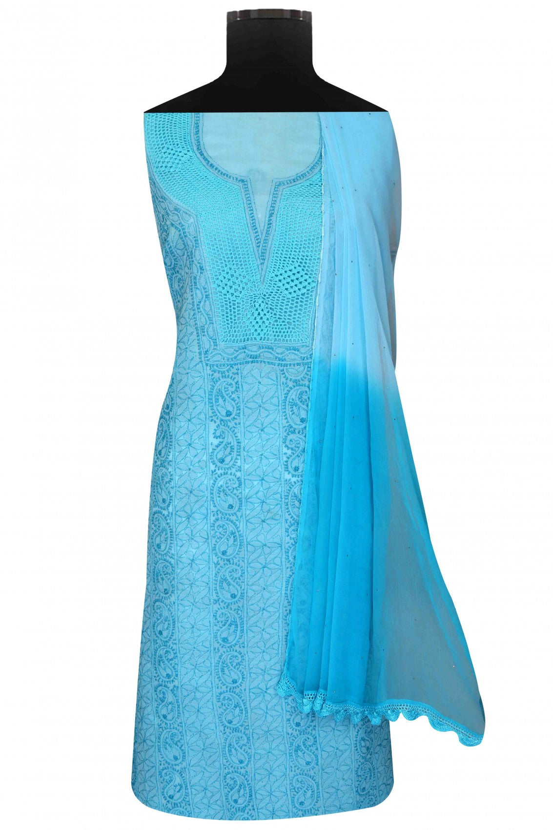 Ada Hand Embroidered Blue Cotton Lucknowi Chikankari Unstitched Suit Piece 01A127644