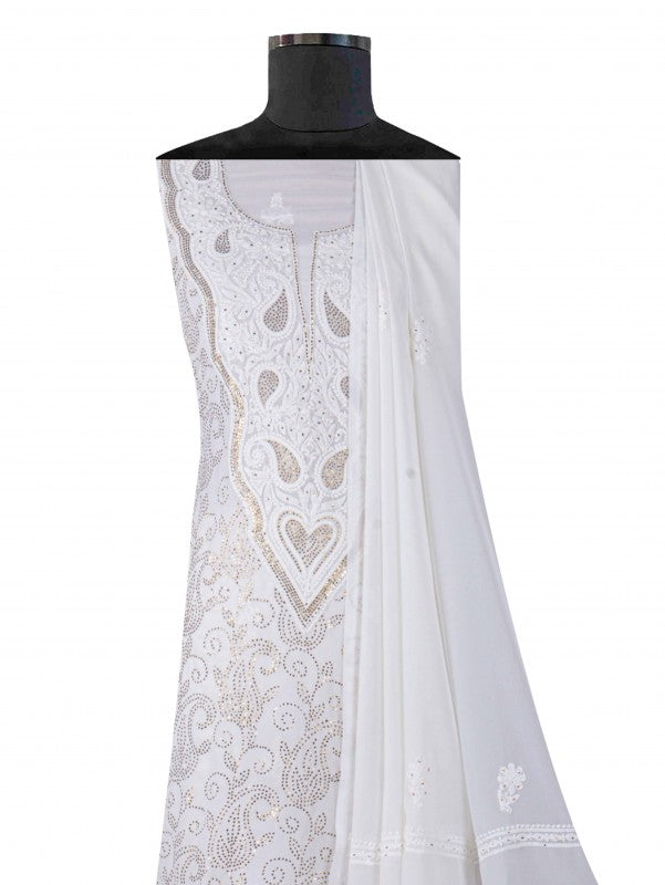 Ada Hand Embroidered White Georgette Lucknowi Chikankari Unstitched Kurta Dupatta Set With Muqaish Work A298860