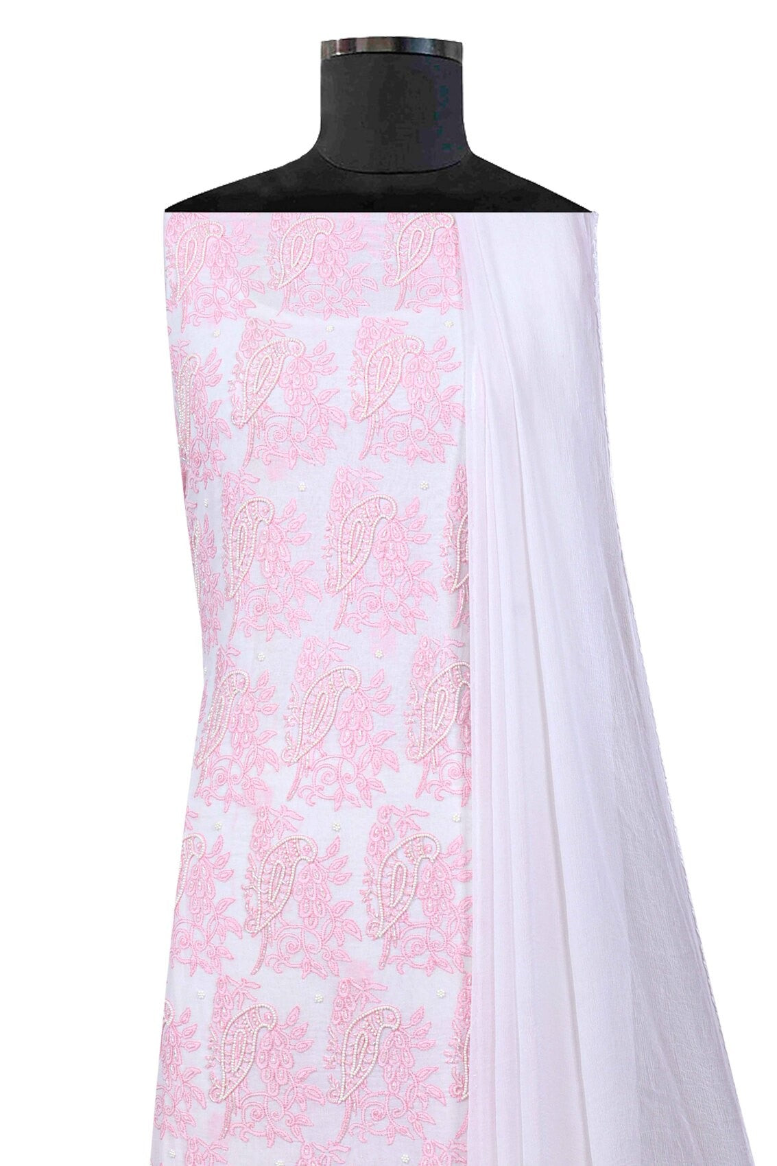 Ada Hand Embroidered White Cotton Lucknowi Chikankari Unstitched Kurta Dupatta Set With Pearl Work A599231