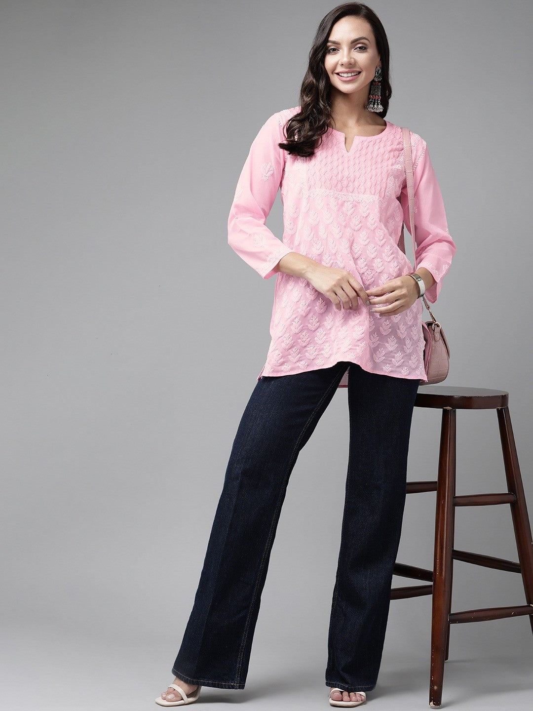 Ada Hand Embroidered Dark Pink Cotton Lucknowi Chikankari Straight Kurti A911218