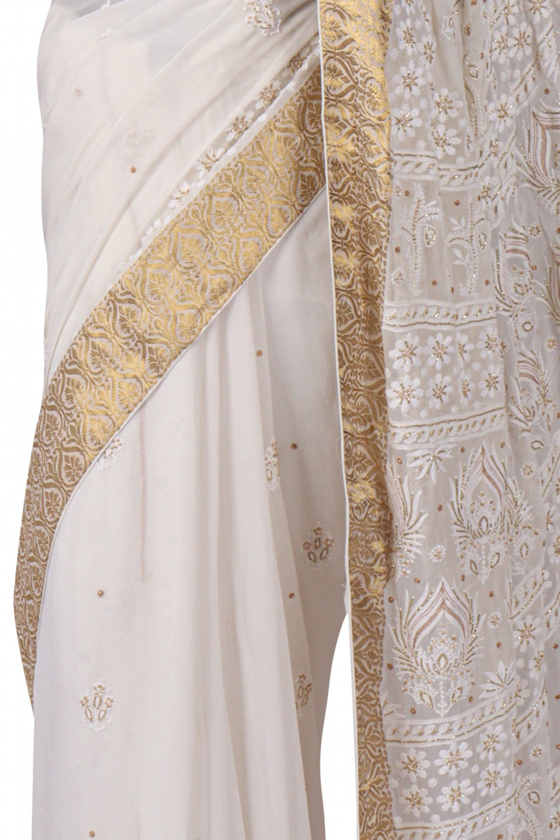 Ada Hand Embroidered White Chiffon Lucknowi Chikankari Saree/Blouse With Zari Work A491076