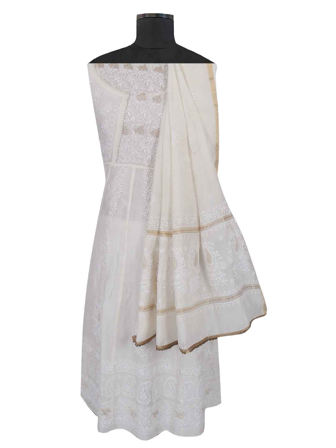 Ada Hand Embroidered Cream Chanderi Lucknowi Chikankari Semi-Stitched Anarkali Kurta Dupatta Set With Zari Work 01A205798