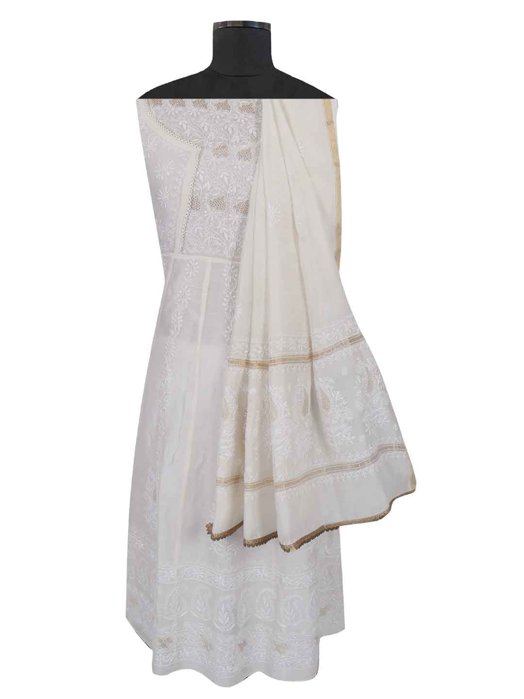 Ada Hand Embroidered Cream Chanderi Lucknowi Chikankari Semi-Stitched Anarkali Kurta Dupatta Set With Zari Work 01A205798