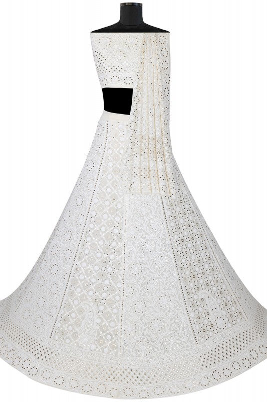 Ada Hand Embroidered White Pure Georgette Lucknowi Chikankari Lehenga Set with Muqaish Work A617820